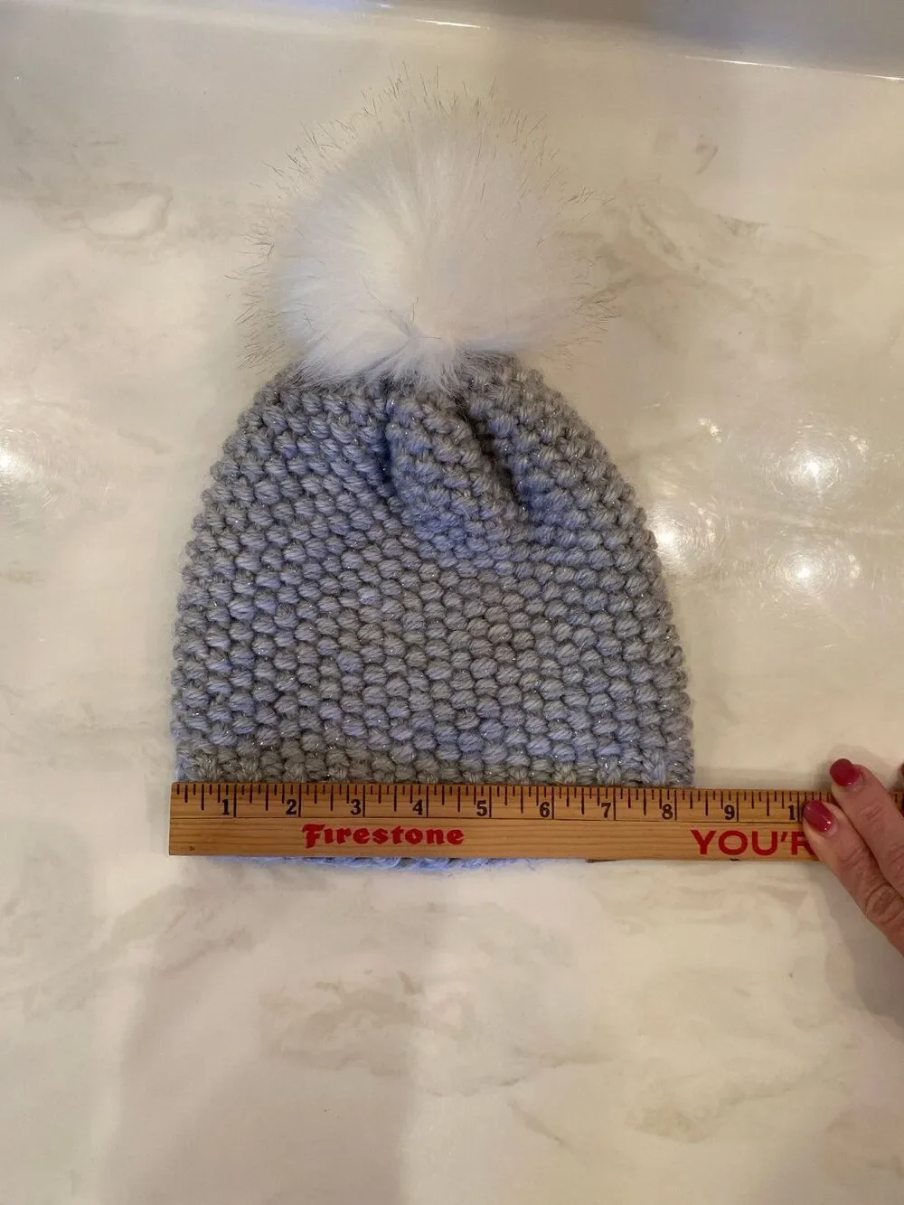 Boutique Gray Knit Pom Beanie‎ Cozy Stocking Hat Sparkle Thread Faux Fur Pom